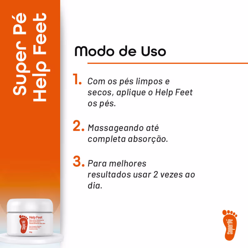 Instruções de uso em português: 1) Com os pés limpos e secos, aplicar o Help Feet nos pés. 2) Massagear até completa absorção. 3) Para melhores resultados, usar duas vezes ao dia. As cores predominantes são branco, laranja e preto.