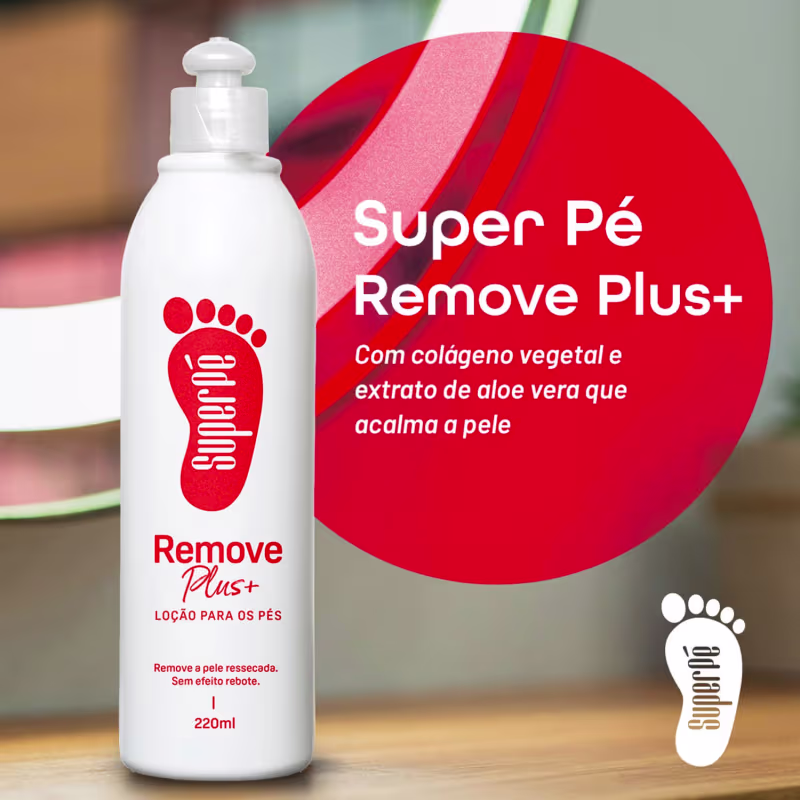 Texto em português descrevendo que é uma loção para os pés com colágeno vegetal e extrato de aloe vera que acalma a pele ressecada, sem efeito rebote.