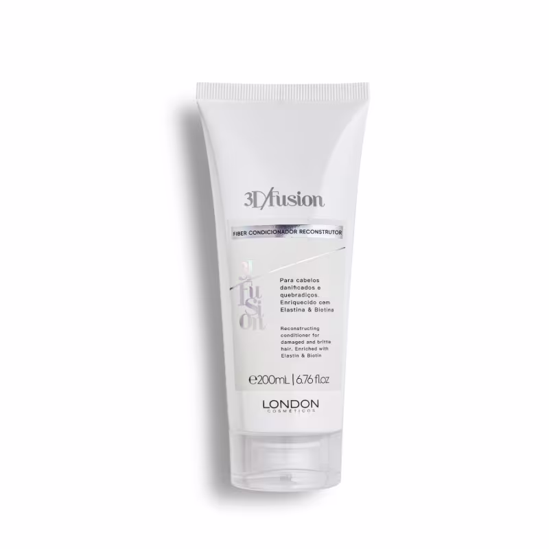 O produto apresentado é um condicionador reconstrutor. A embalagem é um tubo branco com rótulo cinza, contendo 200 ml do produto. O rótulo indica que o condicionador é enriquecido com Elastina e Biotina, indicado para cabelos danificados e quebradiços.