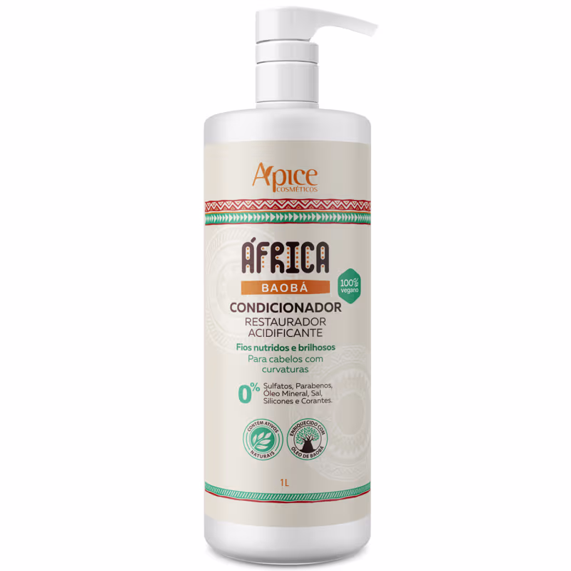 Frasco branco de 1 litro com bomba dosadora, contendo condicionador restaurador de cabelos à base de baobá da linha África da marca Apice Cosméticos. Rótulo com informações sobre ingredientes e benefícios do produto.