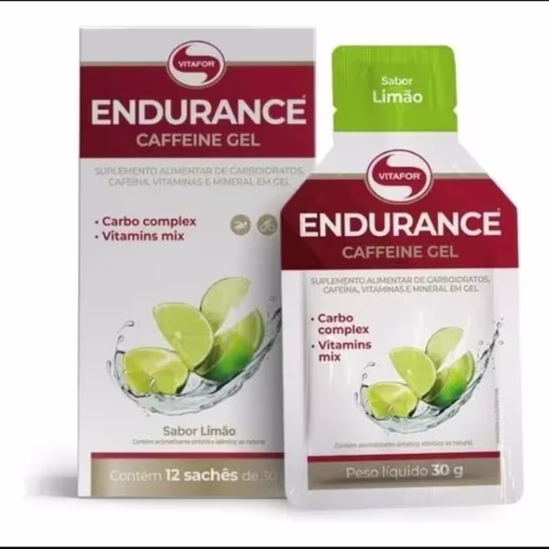 O produto Vitafor Endurance é um suplemento alimentar em gel com cafeína, apresentado em uma caixa vermelha e um sachê de 30g com sabor de limão, contendo um complexo de carboidratos e vitaminas.
