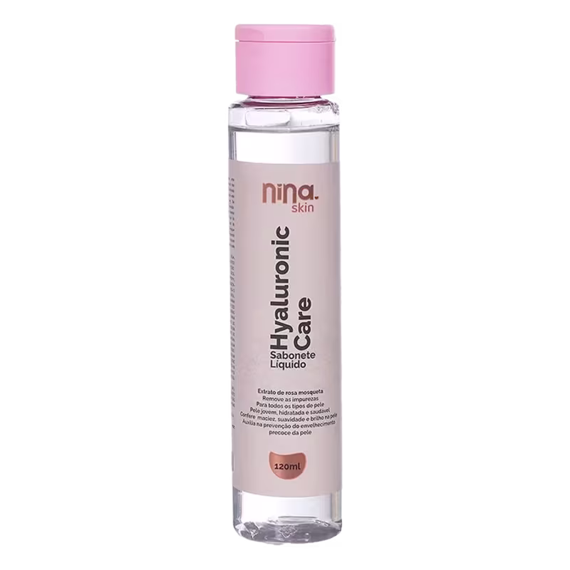 Frasco de sabonete líquido da marca Nina Skin, com tampa rosa e rótulo com o nome do produto "Hyaluronic Care" em destaque. O frasco possui 120ml de volume e apresenta uma coloração clara, provavelmente incolor.