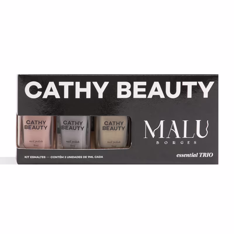 Kit de esmaltes Cathy Beauty com 3 unidades de 9ml cada, em embalagem preta com o nome da marca em letras brancas.