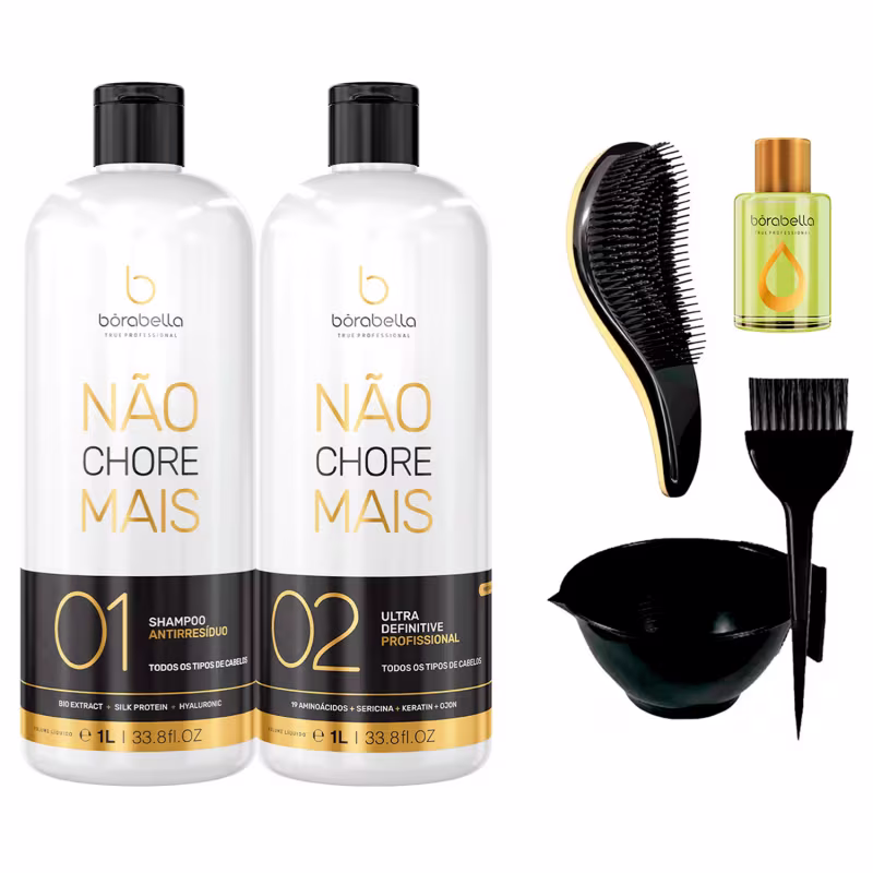 Kit Borabella Não Chore Mais + Óleo de Argan e Macadâmia + Acessórios, 6 produtos.