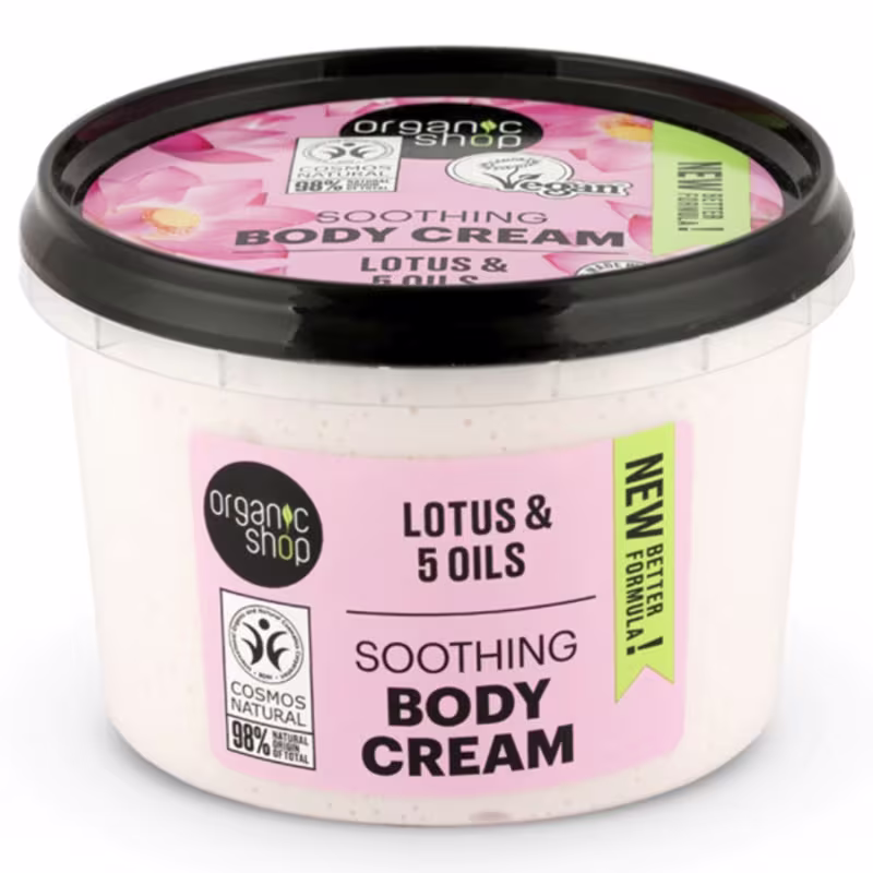 A imagem mostra o creme hidratante em embalagem plástica redonda com tampa preta. A embalagem é branca com detalhes em rosa e verde.