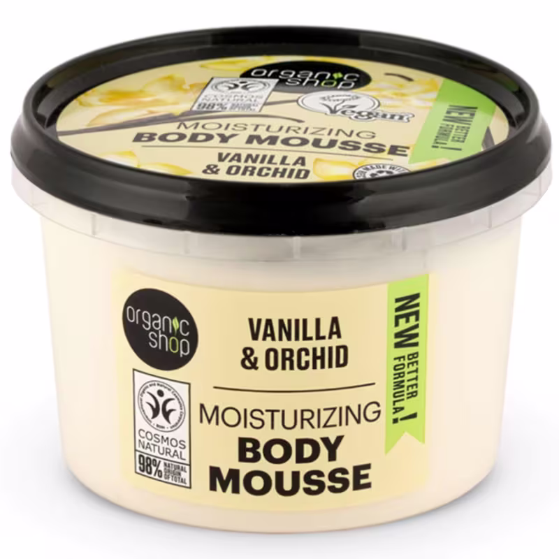 A imagem mostra o creme hidratante em embalagem plástica transparente com tampa preta. Rótulo com fundo bege e detalhes em preto, verde e amarelo.