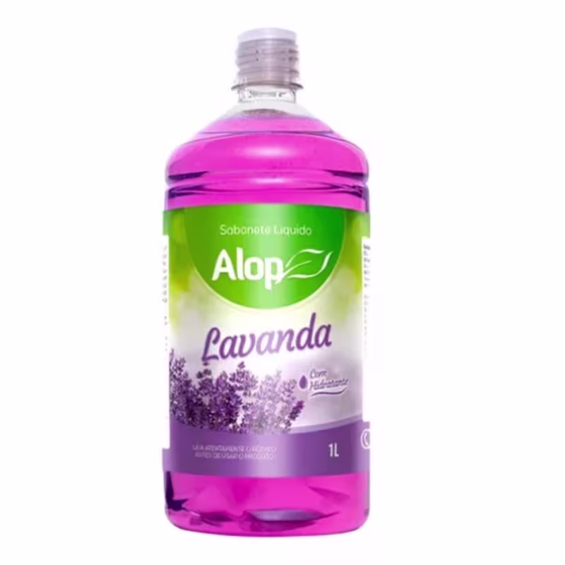 Sabonete líquido de lavanda da marca Alop. Embalagem plástica transparente de 1 litro com tampa branca. Rótulo com o logotipo da marca Alop em verde, nome do produto "Lavanda" em letras roxas e imagem estilizada de um ramo de lavanda.