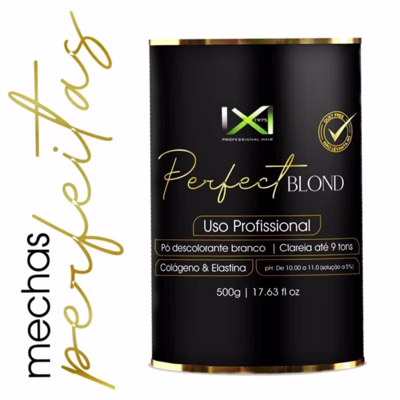 O produto apresentado é um pó descolorante para cabelos loiros da linha Perfect Blond da marca IX1975 Professional Hairs. A embalagem é uma lata preta com detalhes em dourado. Na parte frontal, há o logotipo da marca e o nome do produto.