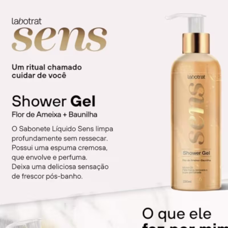 O produto apresentado é um gel de banho da marca Labotrat, com embalagem em formato de frasco com bomba doseadora. 230ml de volume.