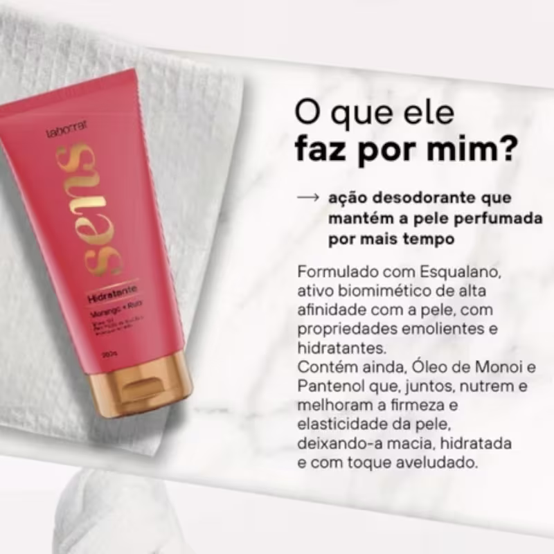 O produto apresentado é um hidratante da marca Labotrat, com embalagem em tubo de cor vermelha e detalhes em dourado. O rótulo destaca os ingredientes Morango e Rubi. O tamanho do produto é de 200g.