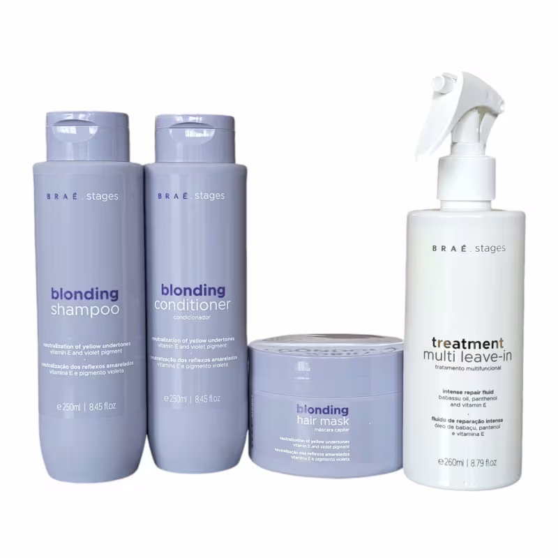 Kit Braé Stages Blonding - Shampoo 250ml + Condicionador 250ml + Máscara 200g + Treatment Leave-In Spray 260ml