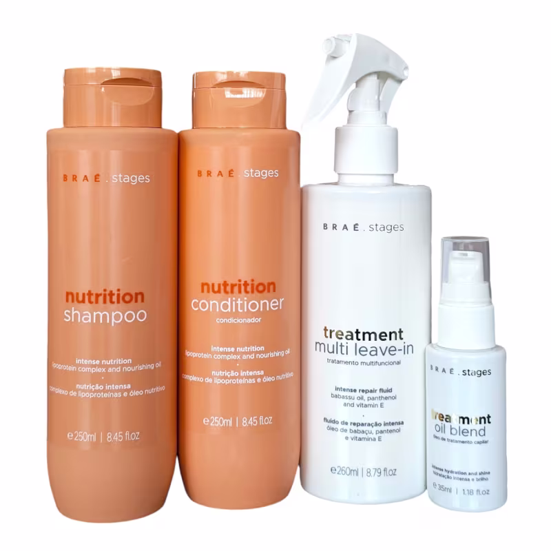 Kit Braé Stages Nutrition - Shampoo 250ml + Condicionador 250ml + Treament Leave-in Spray 260ml + Oil Blend 35ml