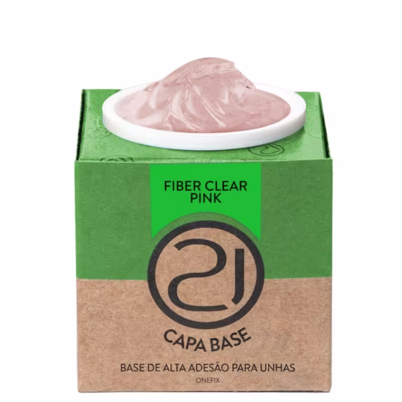 A imagem mostra uma base de alta adesão para unhas. O produto vem em uma embalagem retangular de papelão verde e marrom. No centro, há um recipiente branco contendo o produto, que parece ser um gel em tom rosa.