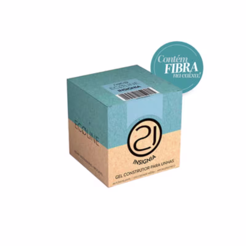 A imagem mostra uma caixa de papelão azul e bege para um gel construtor para unhas da marca Insignia. A caixa tem um logotipo em preto com um desenho estilizado. Há um selo circular azul com o texto "Contém Fibra na caixa!".