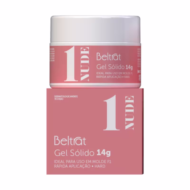 A imagem mostra o pote redondo e rosa claro do gel sólido para unhas. O pote está acima da caixa que também é rosa com letras e detalhes em branco.