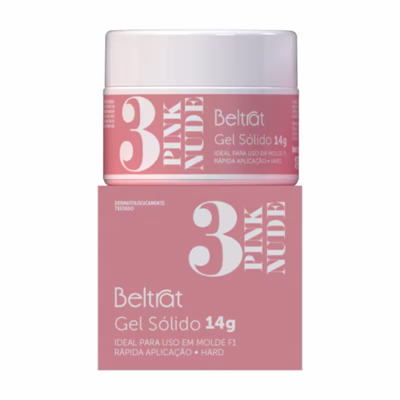 A imagem mostra o pote redondo e rosa claro do gel sólido para unhas. O pote está acima da caixa que também é rosa com letras e detalhes em branco.