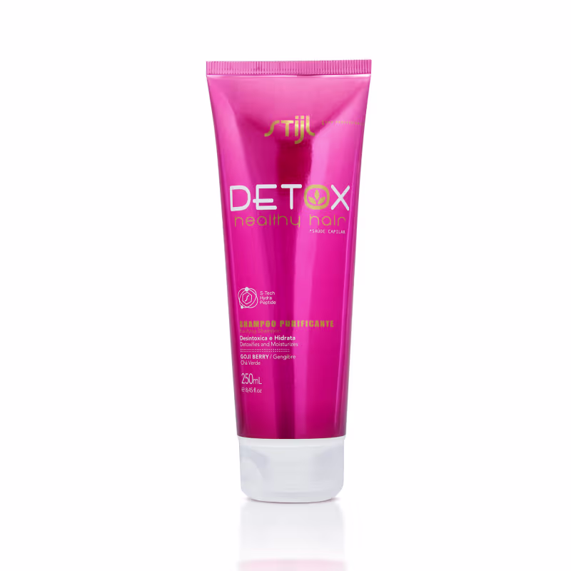 Embalagem plástica rosa vibrante com detalhes em branco. "Shampoo Purificante" em letras grandes. Informações adicionais como ingrediente "Goji Berry", volume de 250ml e instruções de uso.