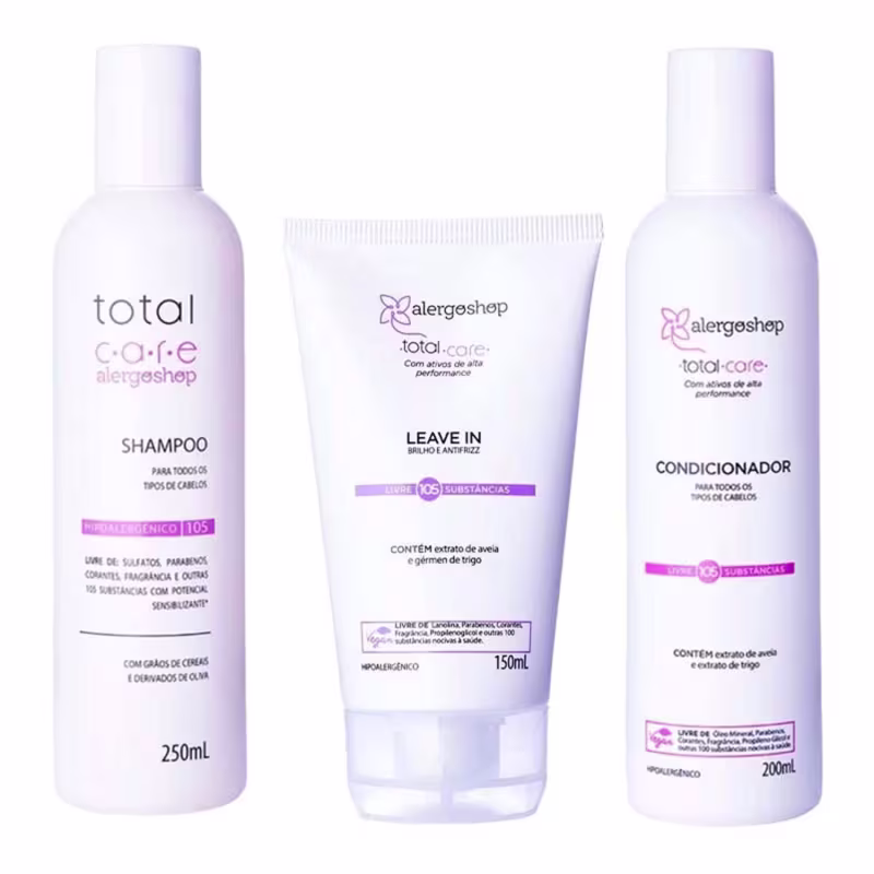 KIT Shampoo 250ml + Condicionador 200ML + Leave In Hipoalergênico Total Care Alegorshop 150ml