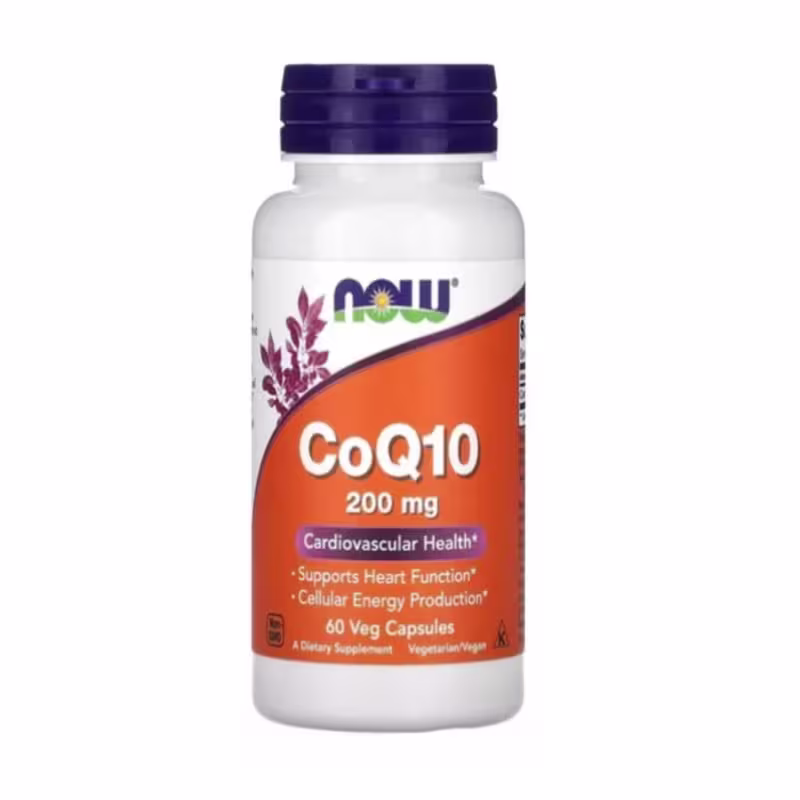 Este é um suplemento alimentar da marca Now Foods. Um pote branco contendo 60 cápsulas vegetarianas. O rótulo laranja destaca "CoQ10 200 mg". Abaixo, os benefícios de "Saúde Cardiovascular", "Suporte à Função Cardíaca" e "Produção de Energia Celular".