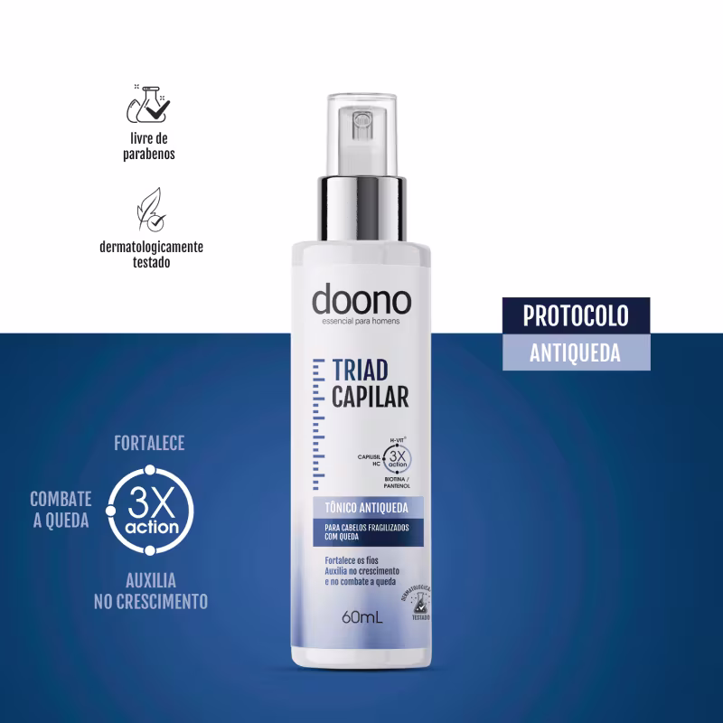 A imagem mostra um frasco de tônico capilar de 60ml, branco com detalhes em azul.