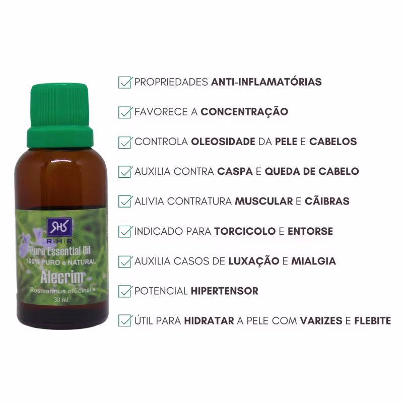 Óleo essencial de Alecrim da RHR Cosméticos com instruções de uso e benefícios.