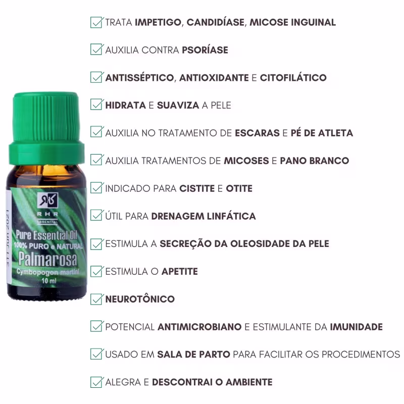 Óleo essencial de Palmarosa da RHR Cosméticos com instruções de uso e benefícios.