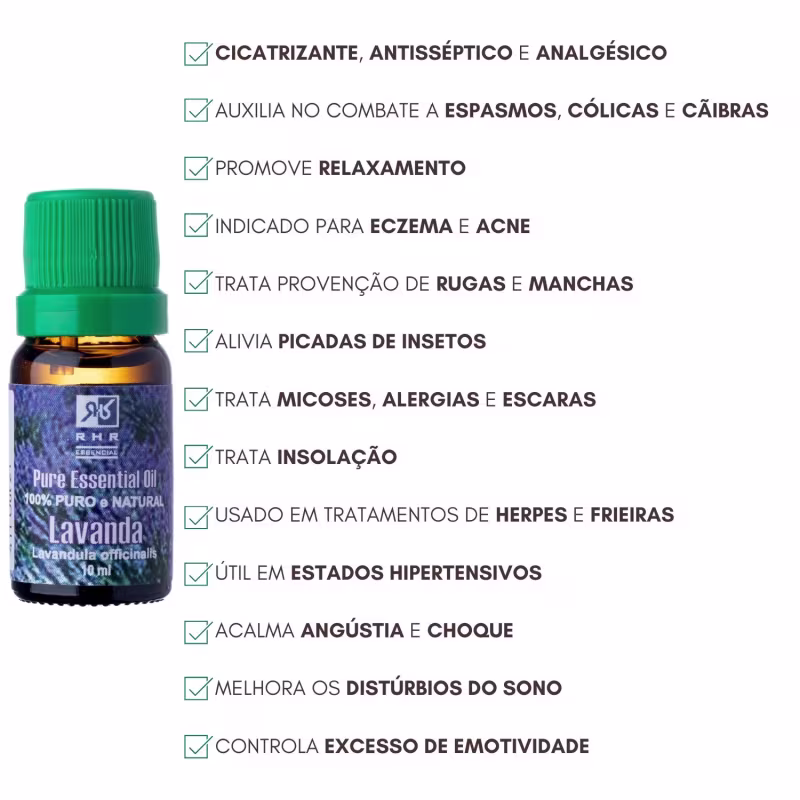 Óleo essencial de Lavanda da RHR Cosméticos com instruções de uso e benefícios.