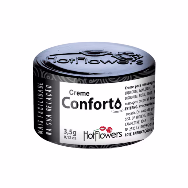 A imagem mostra o Creme Íntimo Dessensibilizante chamado Creme Conforto da marca HotFlowers.