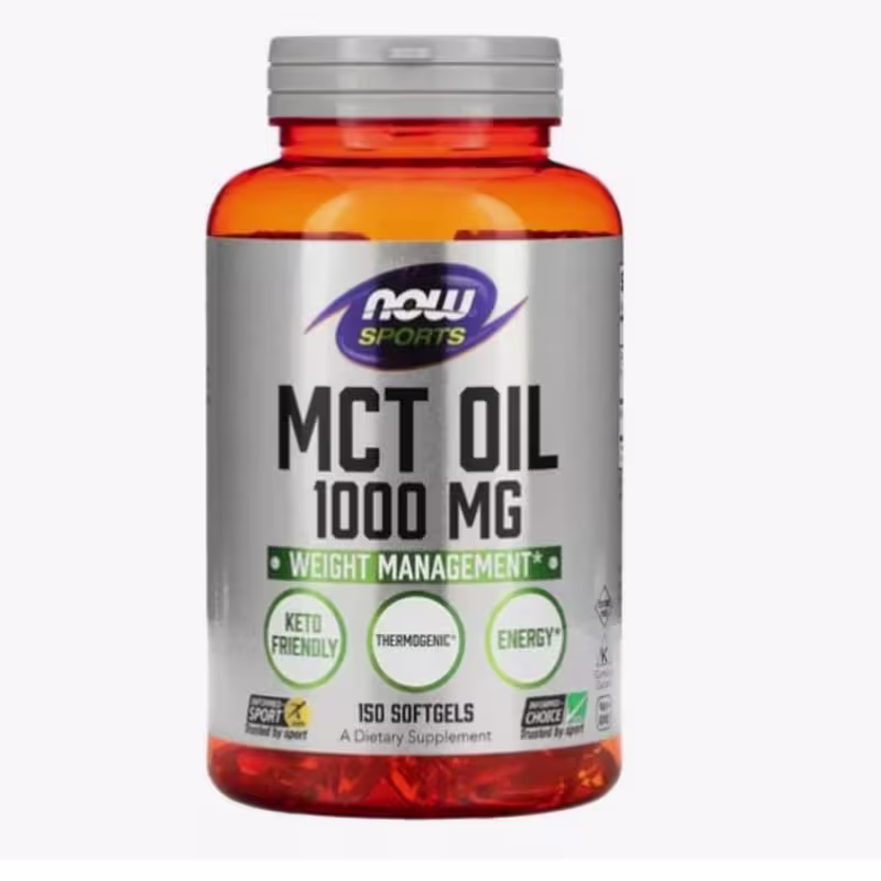 Este é um suplemento alimentar da marca Now Sports, contido em um frasco laranja transparente com tampa cinza. O rótulo indica que é um óleo de MCT 1000 mg. O rótulo destaca que é um produto termogênico e energético, voltado para o gerenciamento de peso
