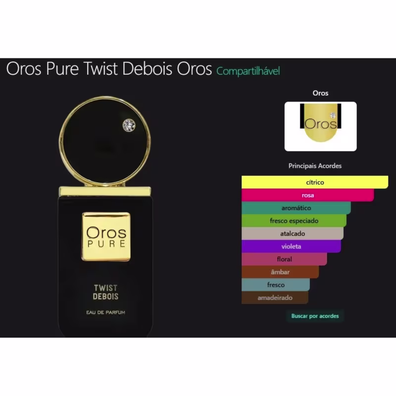 Oros Pure Twist Debois Oros Compartilhável. Principais Acordes: cítrico, rosa, aromático, fresco especiado, atalcado, violeta, floral, âmbar, fresco, amadeirado.