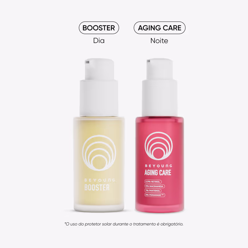 Dois frascos de produtos de beleza da marca Beyoung: um frasco amarelo rotulado como "Booster" e outro frasco rosa rotulado como "Aging Care"