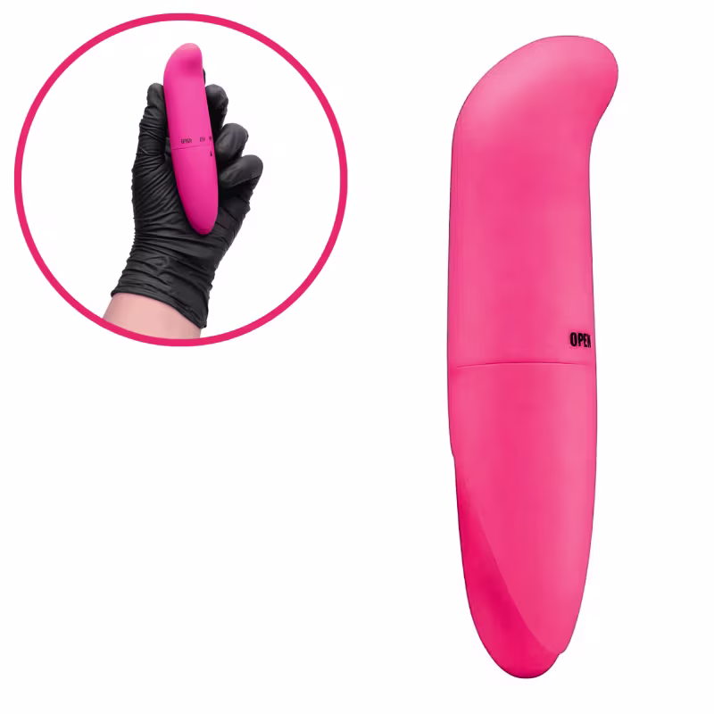 Vibrador rosa de silicone com formato ergonômico, embalado em caixa preta. Produto da marca Sexy Import, com a palavra "OPEN" impressa na superfície.