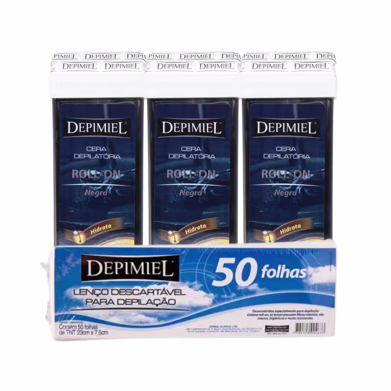 Kit 50 Folhas Descartável E 3 Ceras Roll-on Negra Depimiel