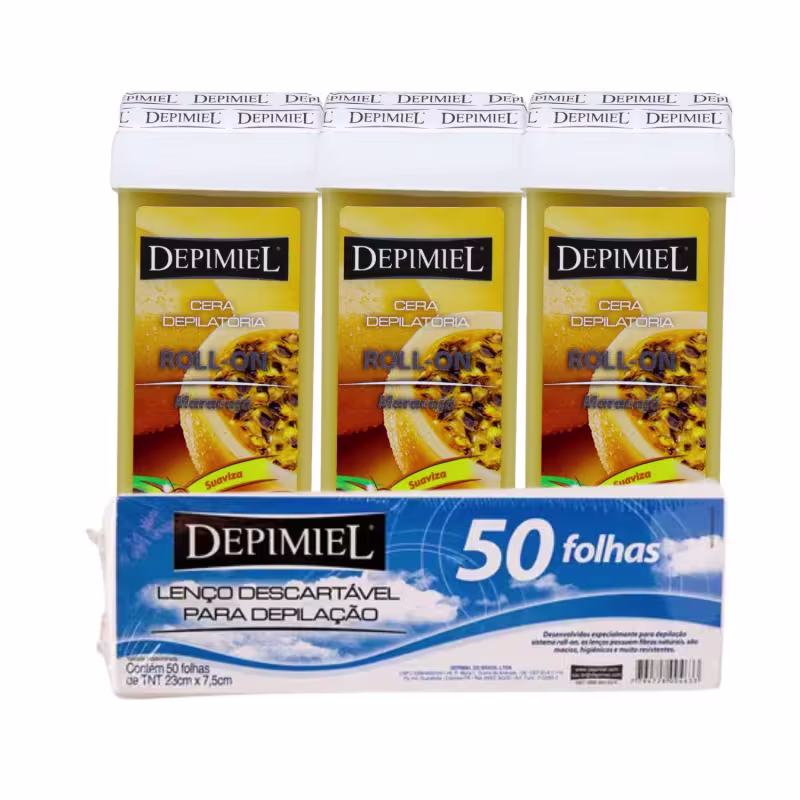 Kit 50 Folha Lenço Descartável E 3 Cera Roll-on Mel Depimiel