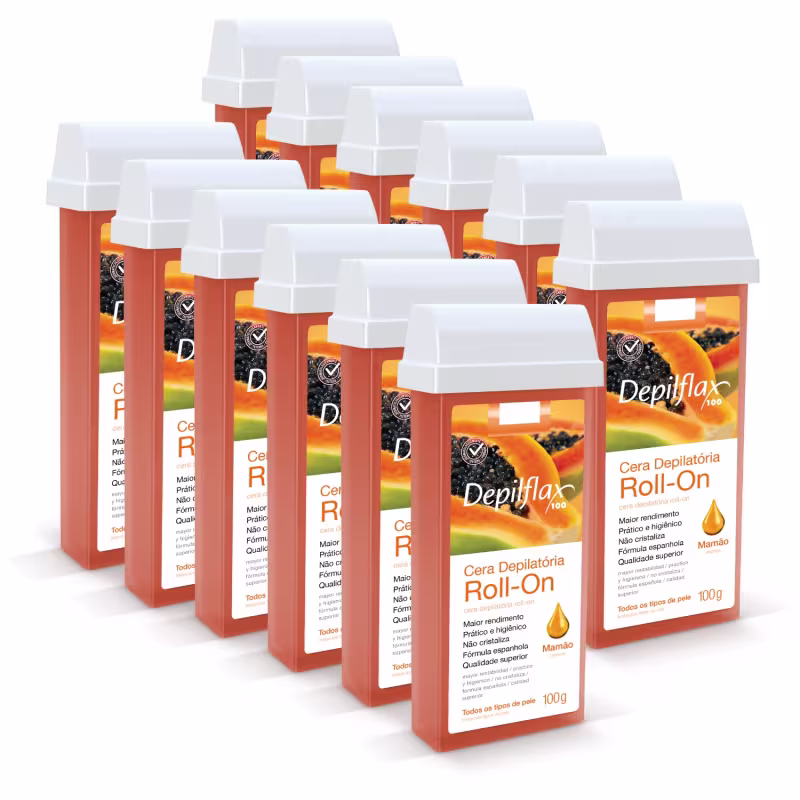 Kit 12 Ceras Roll-on Depilatória Mamão Hidrata Depilflax