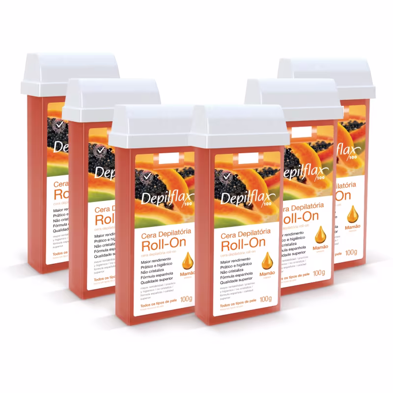 Kit 6 Ceras Roll-on Depilatória Mamão Hidrata Depilflax