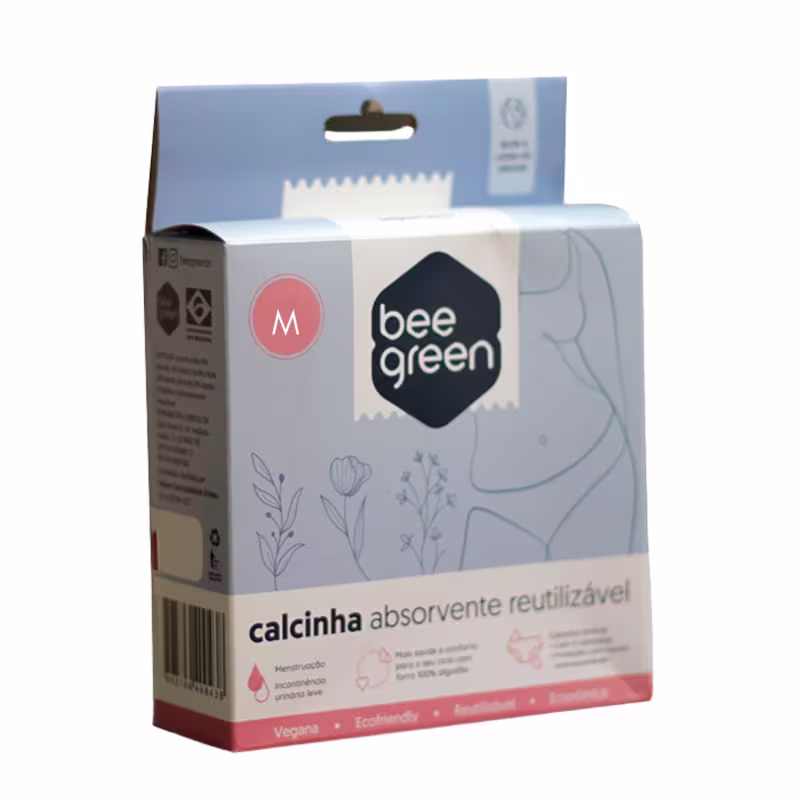 Caixa de calcinha absorvente reutilizável na cor bege e tamanho M.