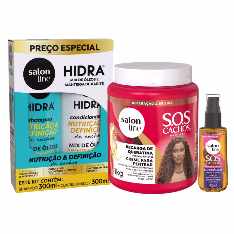 Kit Shampoo Condicionador Creme Óleo Cachos Nutre Salon Line