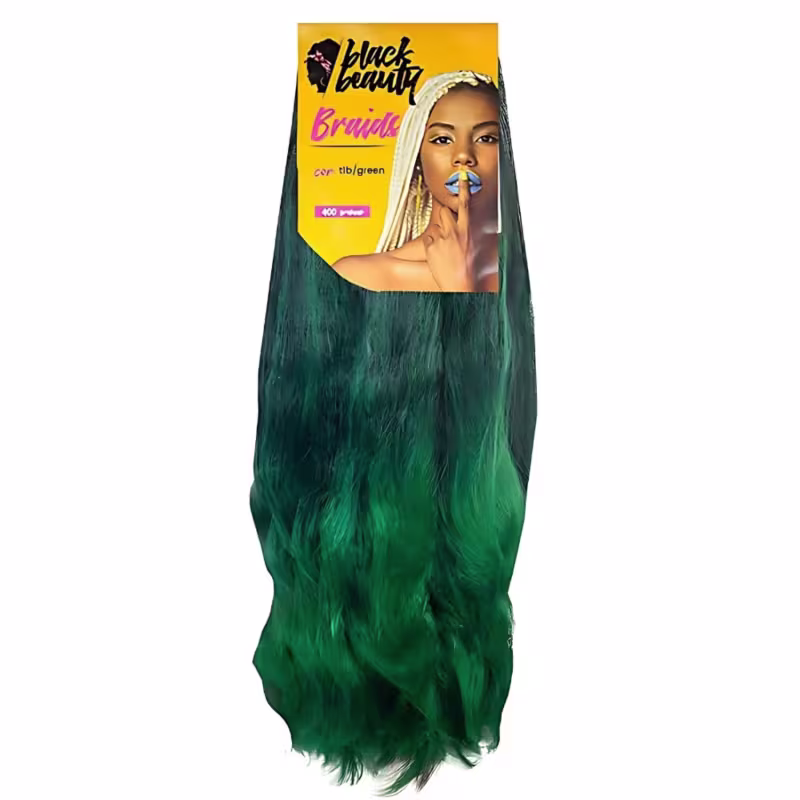 Extensão de cabelo da marca Black Beauty. O produto parece ser composto por fios de cabelo sintético na cor verde escuro.