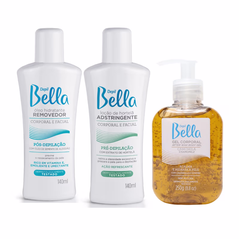 Kit Gel Óleo Pós Loção Pré Depilação Rosto Corpo Depil Bella