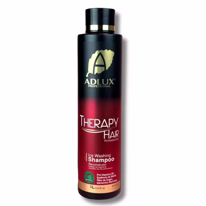 Shampoo da linha Therapy Hair da marca Adlux Professional. A embalagem é um frasco preto com detalhes em vermelho e dourado, contendo 1 litro do produto.