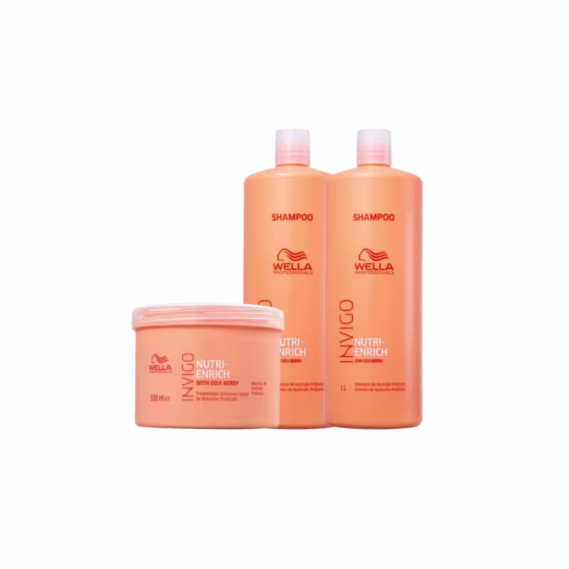 Kit com shampoos e máscara Invigo Nutri-Enrich, da marca Wella Professionals.