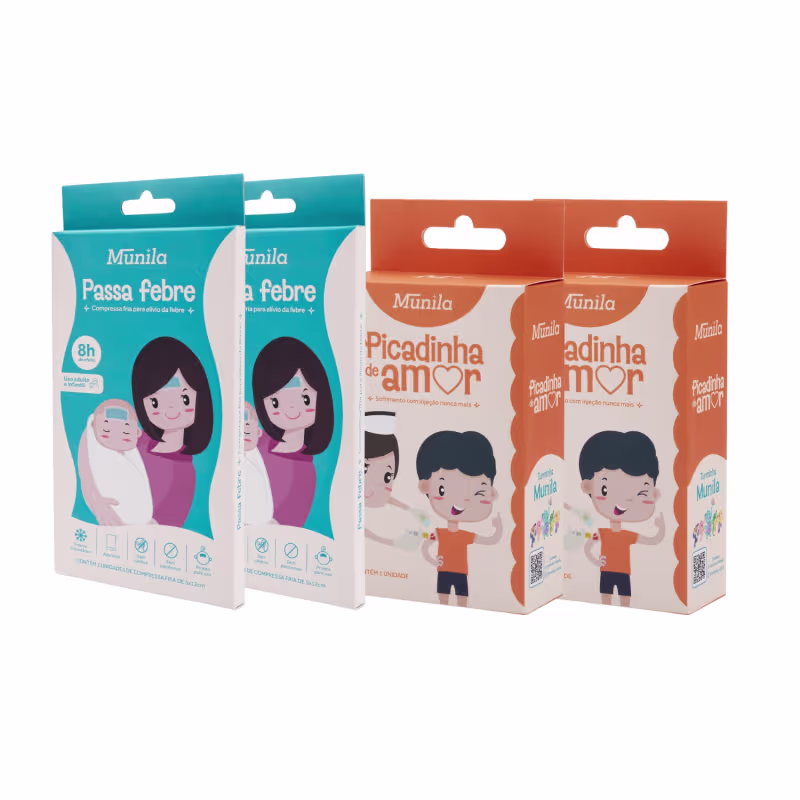 Caixas de produtos Munila, incluindo compressas para alívio da febre e embalagens de picadinha de amor, com ilustrações coloridas e texto descritivo em português.