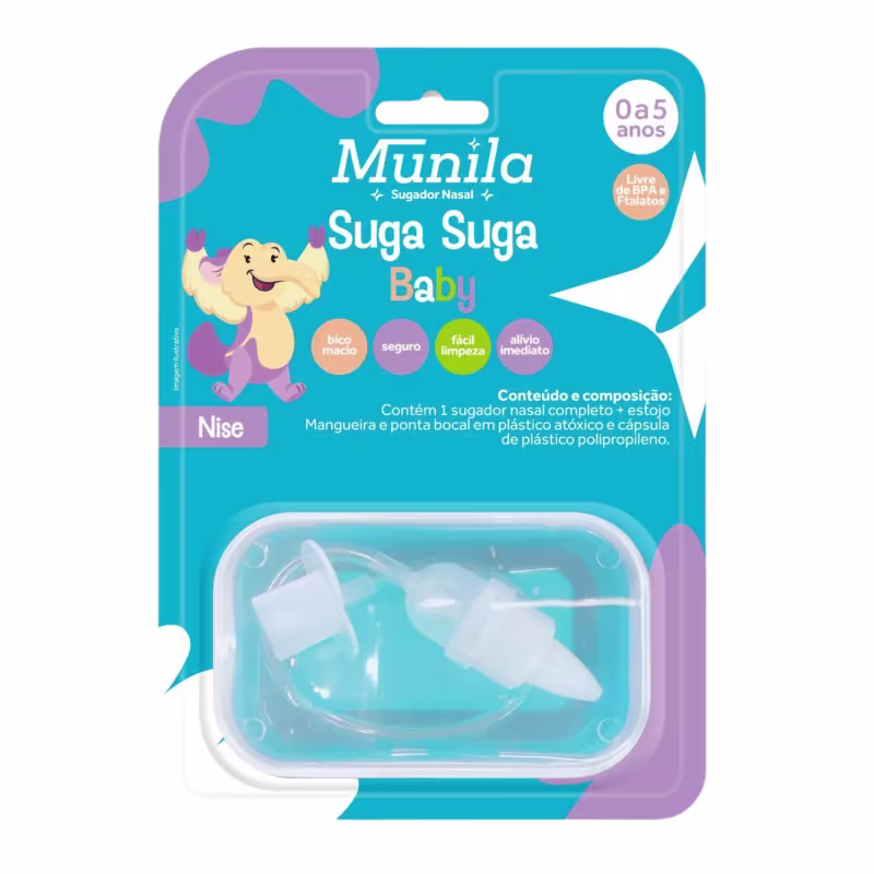 Sugador nasal da marca Munila, chamado "Suga Suga Baby". O produto contém um sugador nasal completo, com uma mangueira e uma ponta bucal em plástico atóxico. Também há uma cápsula de plástico polipropileno incluída.