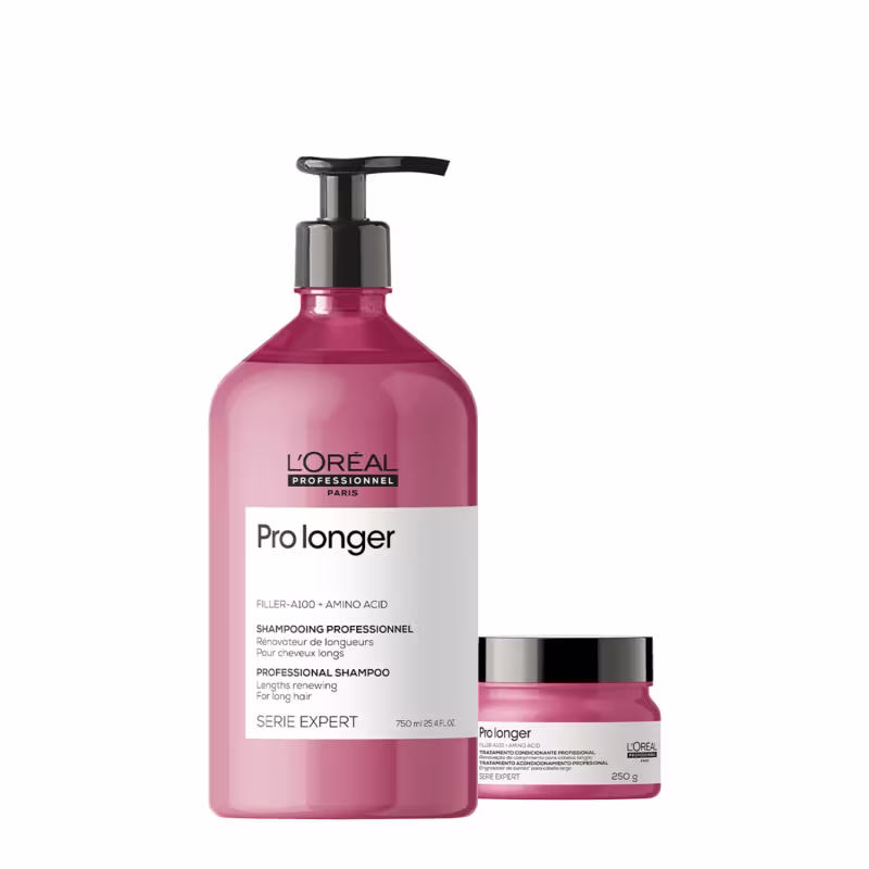 Shampoo e tratamento da linha Pro longer da L'Oréal Professionnel. O shampoo vem em um frasco rosa com bomba preta, enquanto o tratamento está em um pote rosa com tampa preta.