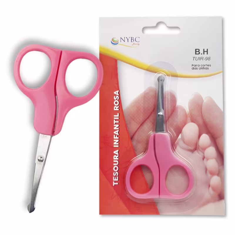 Tesoura para corte de unhas infantil com cabo plástico azul.