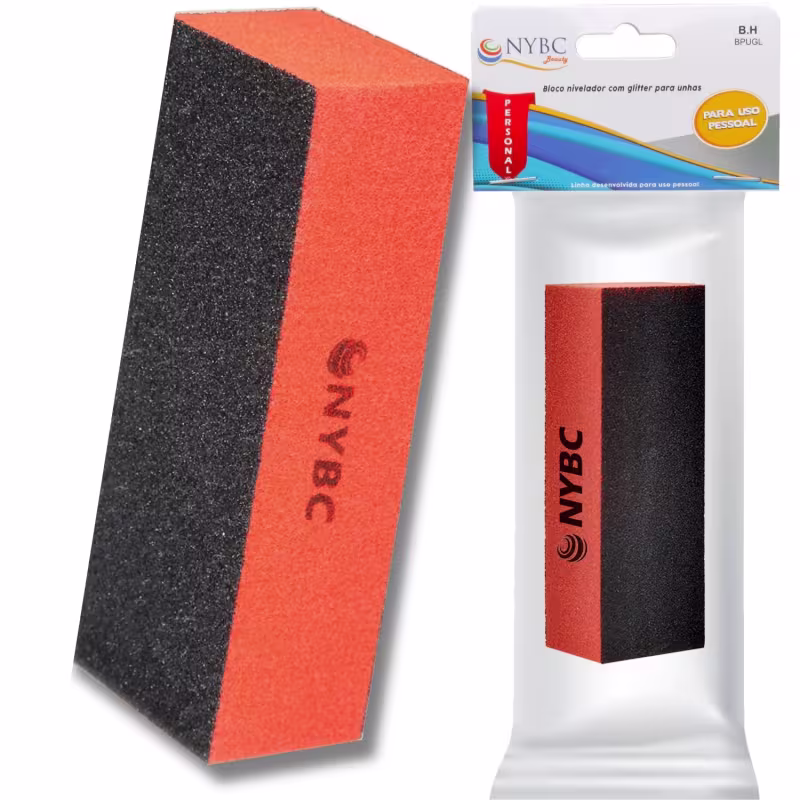 Bloco nivelador com glitter para unhas da marca NYBC Beauty. Ele consiste em um bloco retangular com duas cores distintas: uma parte preta e outra parte laranja. O bloco possui a marca "NYBC" impressa na superfície laranja.