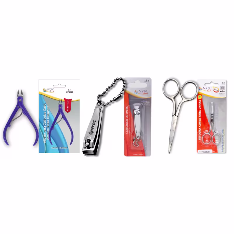 Kit NYBC Beauty Alicate para Cutículas Roxo + Cortador de Unha + Tesoura Ponta Curva, 3 produtos.