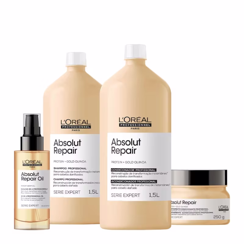 Produtos da linha Absolut Repair da L'Oréal Professionnel, incluindo shampoo, condicionador e óleo capilar em embalagens com cores predominantes bege e branco.
