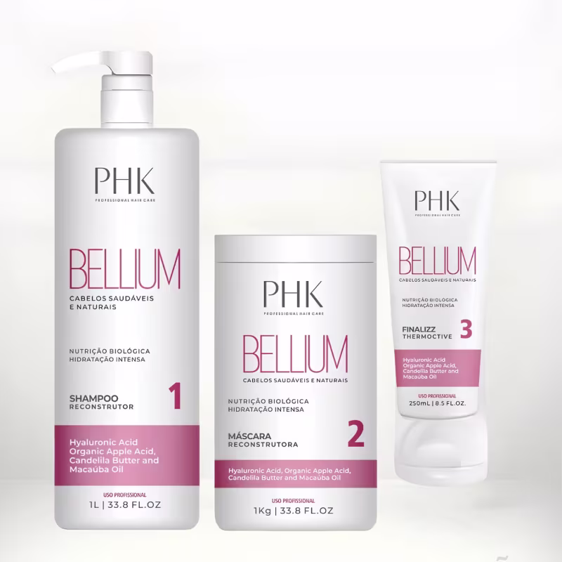 Kit com shampoo, máscara e finalizador térmico Bellium, da marca PHK Professional Hair.